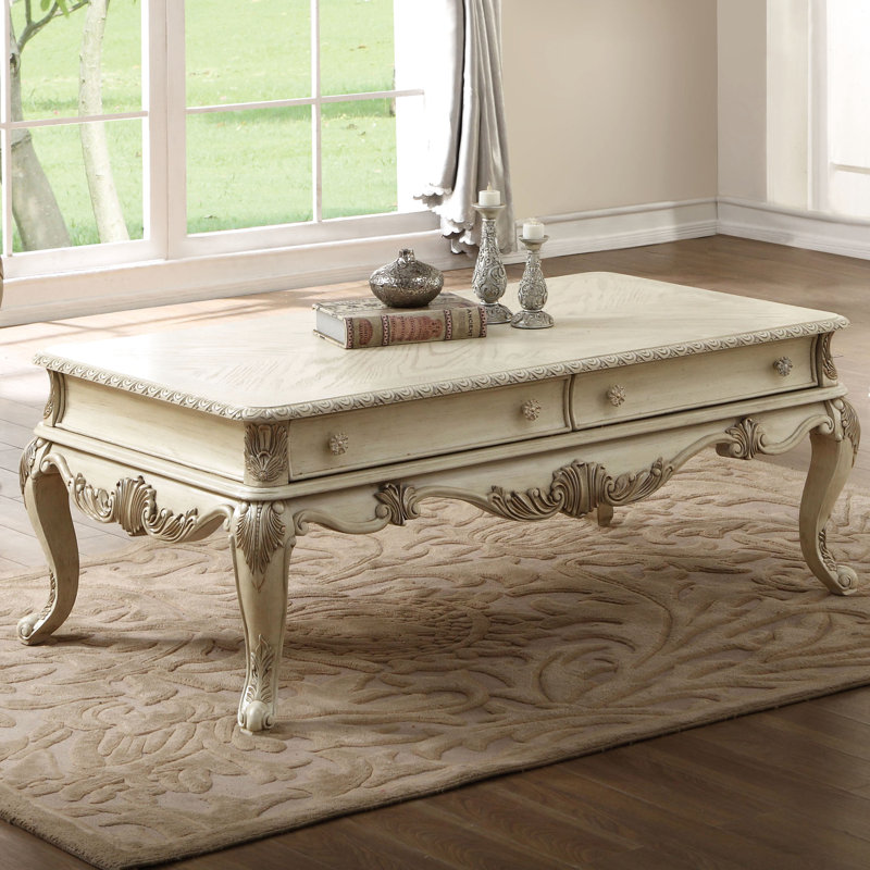Table basse antique à pieds blancs avec 2 tiroirs, butée, rangement spacieux pour les accessoires de voiture 2 en blanc, design, fonctionnalité, équipement de voile spacieux