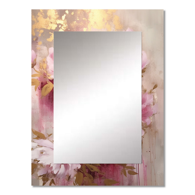 Pivoines roses et dorées dans un éclat - grand miroir mural sur métal, 32 po x 24 po