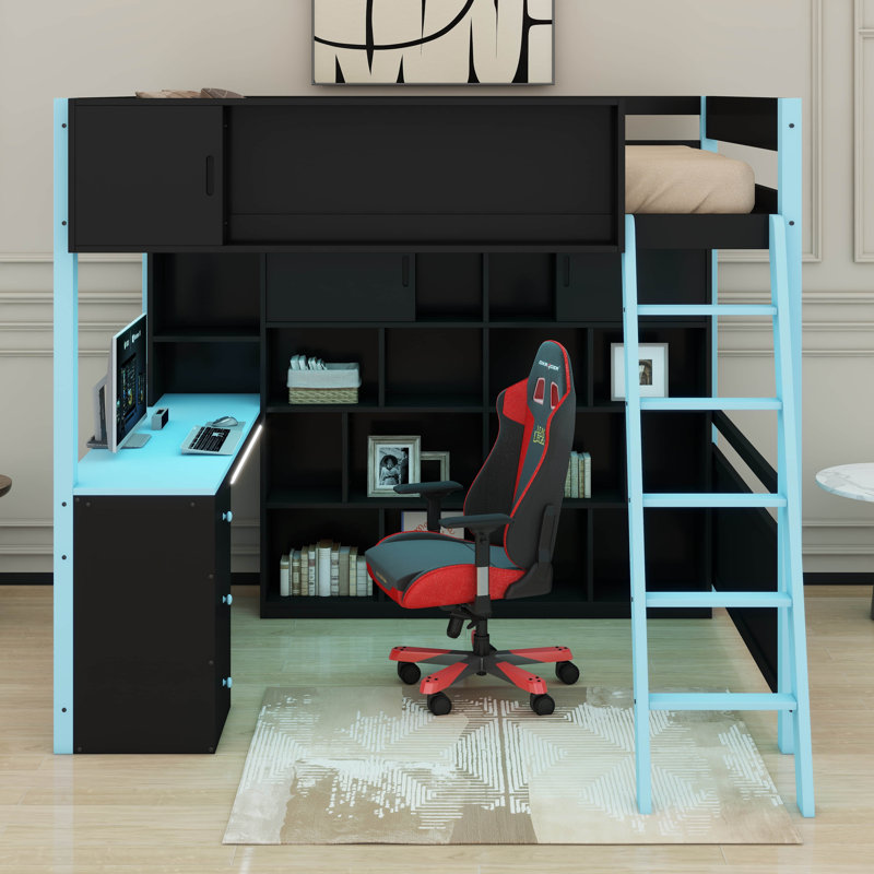 Wood Loft Bed With Desk & Storage, Built-In Bookshelf And LED Lighting For Kids Teens Adults, Blue
