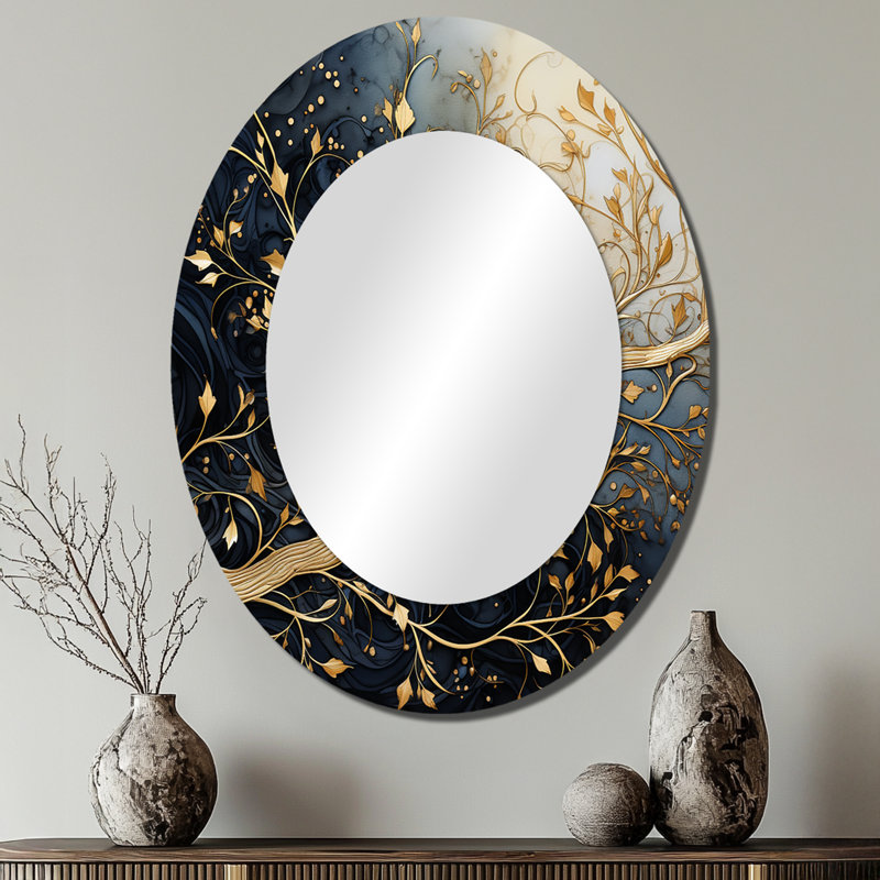 Golden Branch Tree Luminous Leave - Grey light Blue Floral  Wall Mirror, Modern Mirror, Printed Metal Art, 40" x 30", Oval