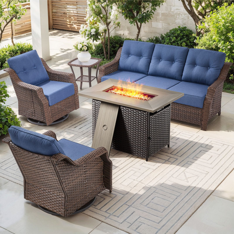 Sami 5-Piece Wicker Patio Furniture Set With Fire Pit Table, 6-Inch Ultra Thick Cushioned 360° Swivel Glider Chairs, Blue