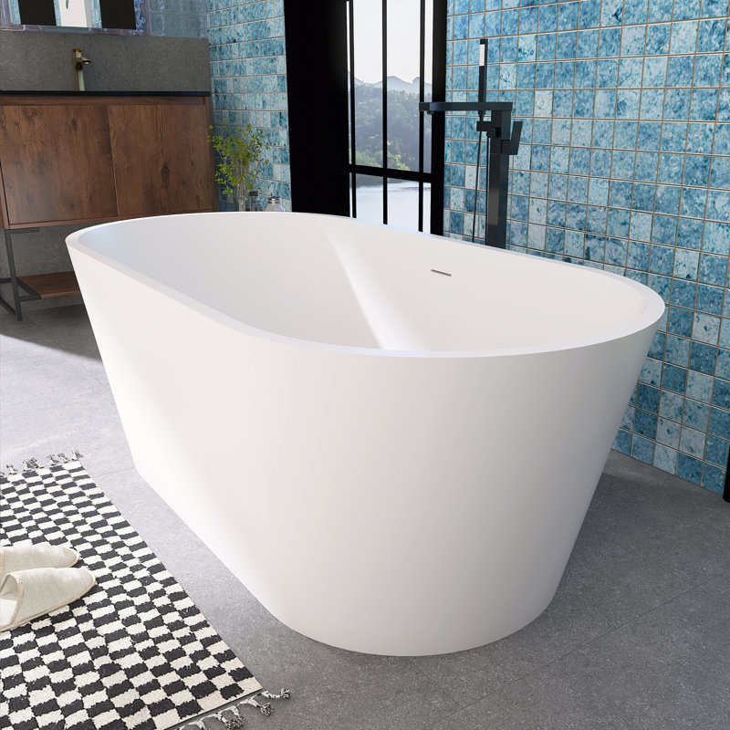 63 in. x 29.5 in. Freestanding Solid Surface Bathtub with Center Drain in Matte White