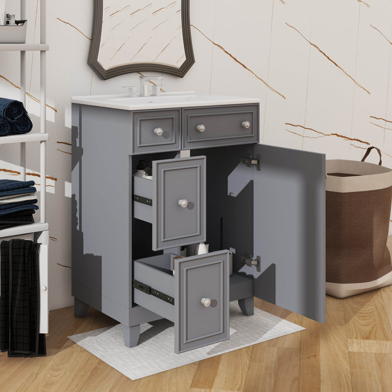Meuble-lavabo 24 po avec lavabo en céramique chic, Gris/argent