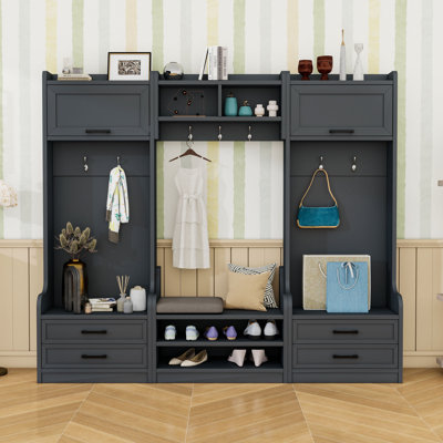 4-in-1 Hall Tree with Drawers, Cabinet, Bench and 7 Hooks
