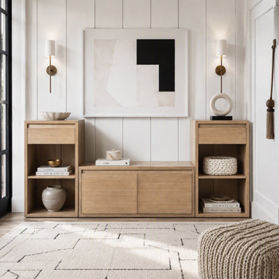 Banc de rangement tout-en-un avec coussin, compartiments, tiroirs et tablettes ouvertes, banc de rangement