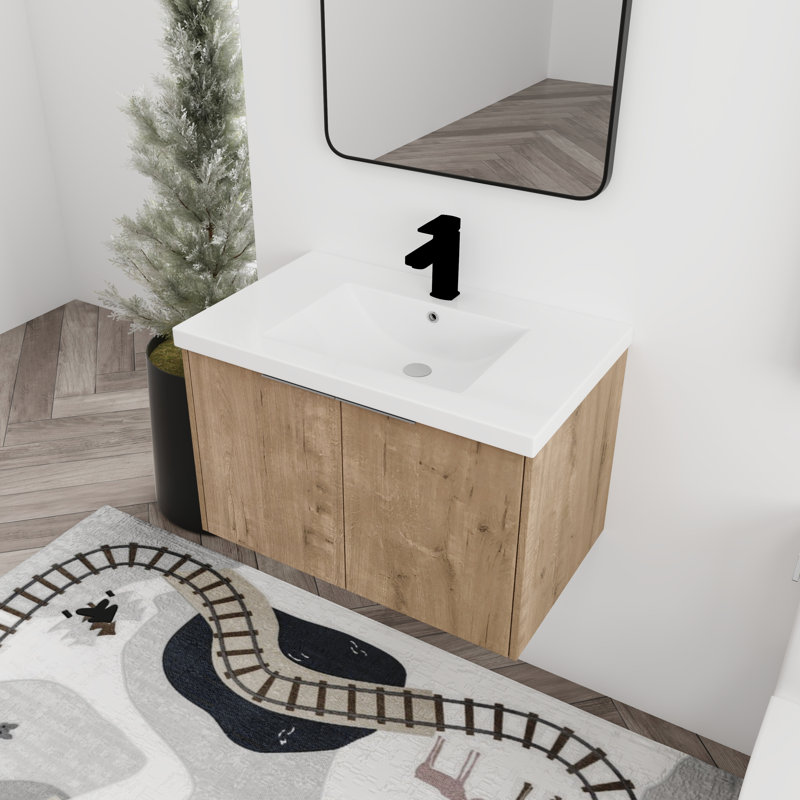 Meuble-lavabo mural simple 30 po avec plateau en résine, Imitation chêne
