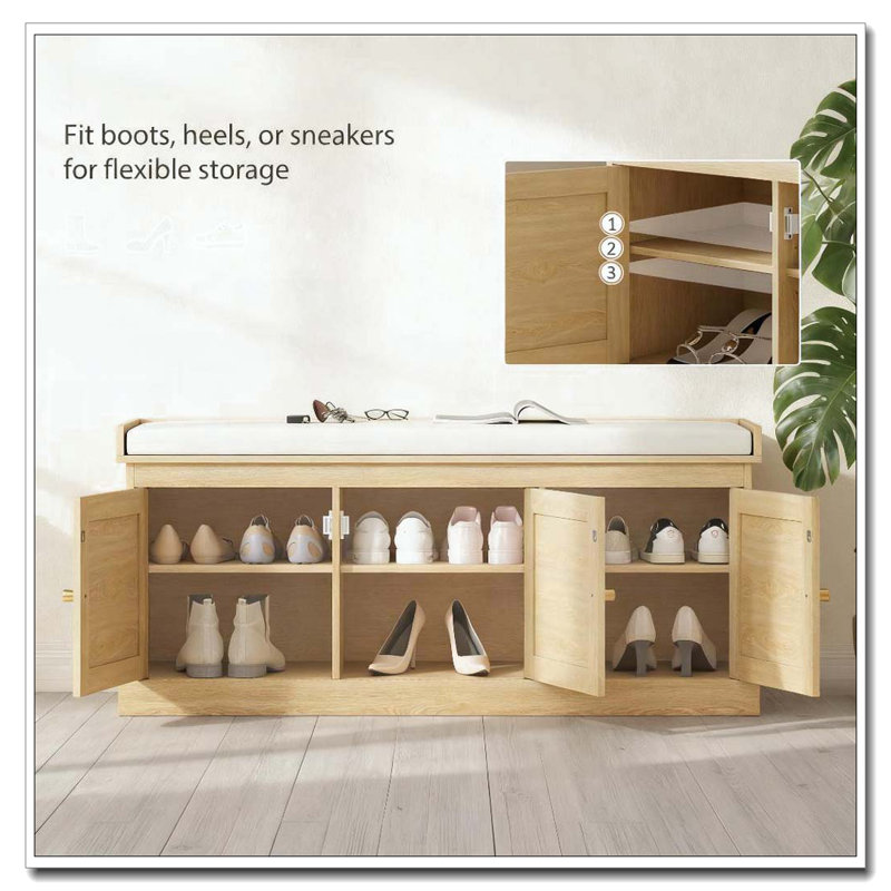 Banc de rangement pour chaussures avec portes en rotin tissé, banc de chaussures avec coussin, Chêne / Blanc