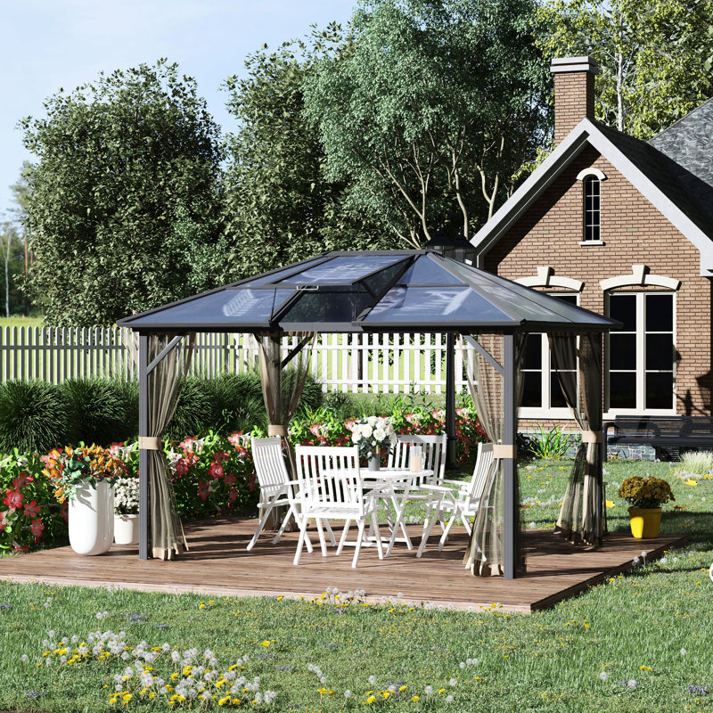 Pavillon de jardin avec toit en polycarbonate et structure en aluminium stable pour auvent et pelouse 10 pi x 12 pi