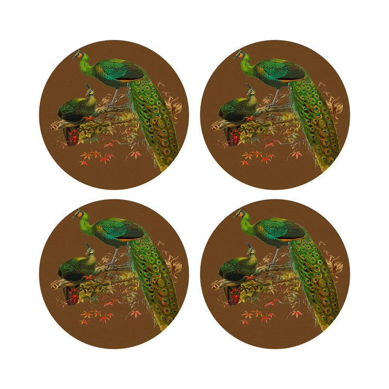 Family Pheasants Pinot Vegan Leather Round Coasters, Brown