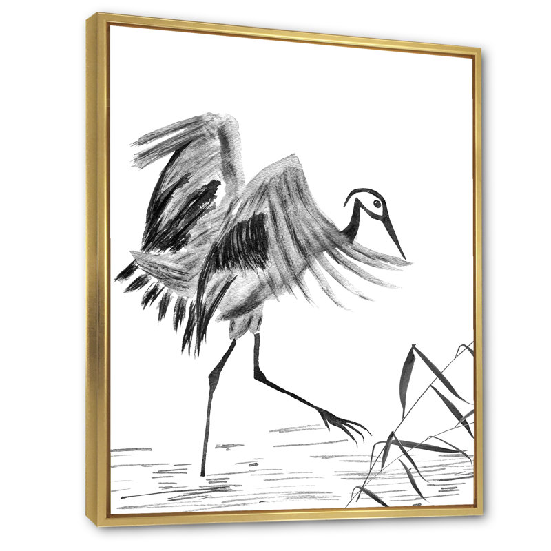 Grue japonaise japonaise - peinture sur toile, H 40 po x l 30 po x 1,5 po, Encadrement doré