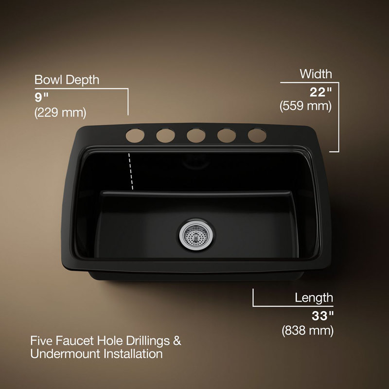 Évier de cuisine Cape Dory à cuve unique encastrée sous plan, 33 po L x 22 po l x 9-5/8 po, avec 5 trous de robinet surdimensionnés