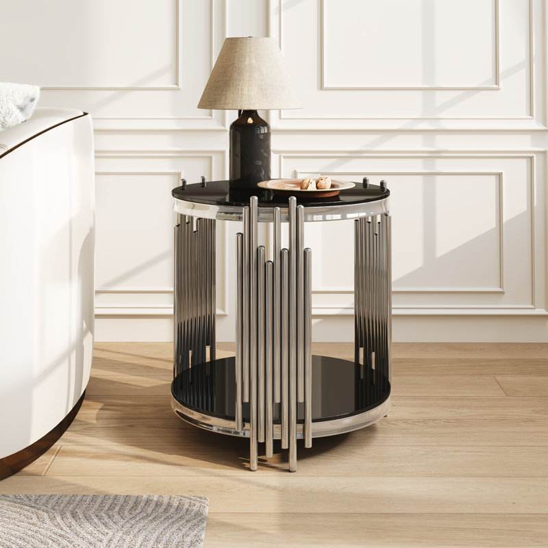 Table de bout ronde en verre, Noir, Argent