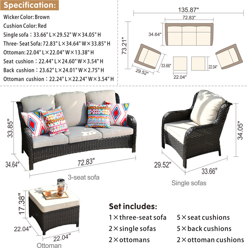 Ensemble de conversation avec canapé en rotin 5 pièces avec coussins Crase, Beige
