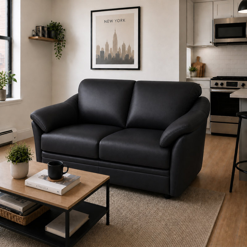 Ramdev Top Grain Leather Loveseat with Cushioned Back and Pillow Top Arm, Black, 34" H x 58" W x 36" D