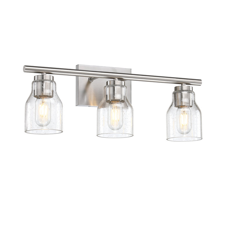 Éclairage pour salle de bain 3 lumières 21,5 po en nickel brossé avec abat-jour en verre bullé transparent, Nickel brossé, 3