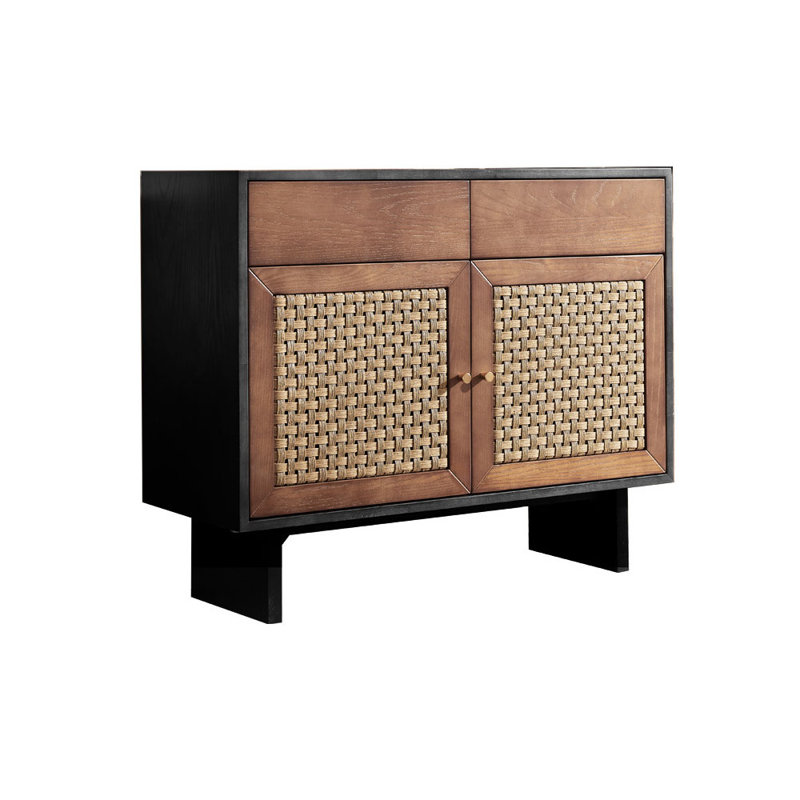 Simple Rattan Tea Set Storage Cabinet Sideboard, Black/Brown