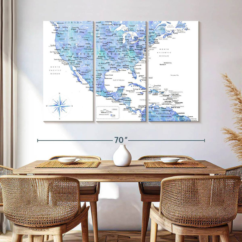 Carte bleue des États-Unis et de la mer des Caraïbes à Aliaz, H 42 po x l 65 po
