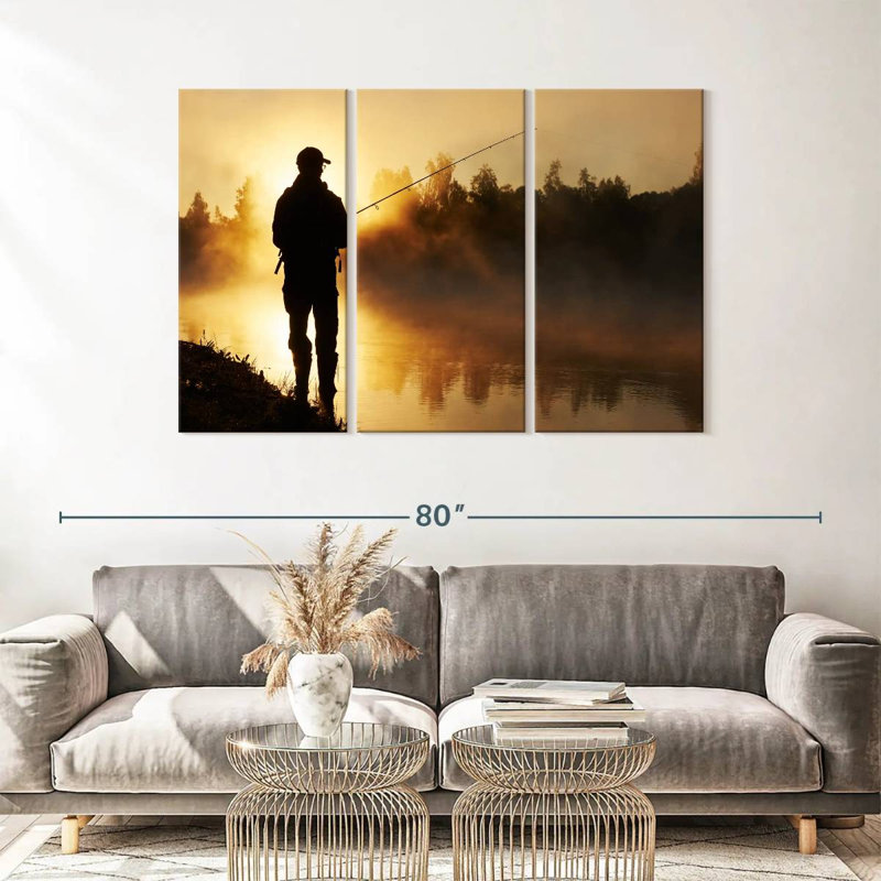 «Foggy Riverbank Fishing», 3 pièces sur toile, H 36 po x l 57 po x P 1,25 po
