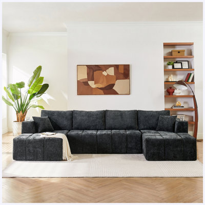 Canapé modulaire en chenille de 132 po en U, canapé désossé de style nuage avec salons, porte-gobelets et poches latérales, sans assemblage requis, noir