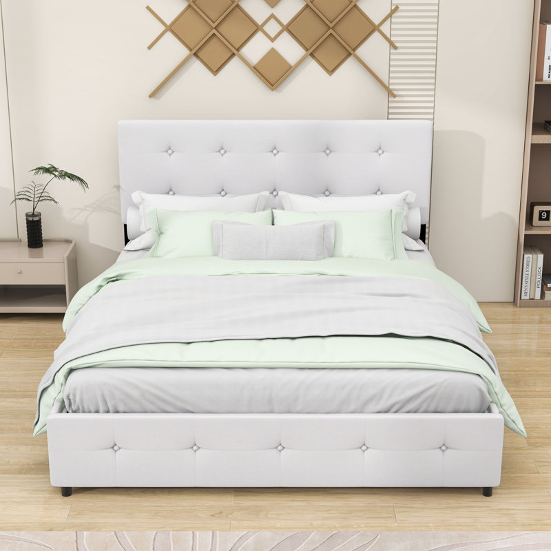 Grand lit plateforme tapissier 4 tiroirs avec tête de lit capitonnée, Blanc