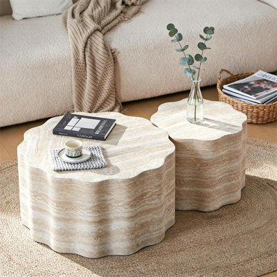 Set of 2 Round Coffee Tables for Living Room, Faux Marble Pattern Modern Minimalist Side Tables, Accent End Tables for Apartment or Office