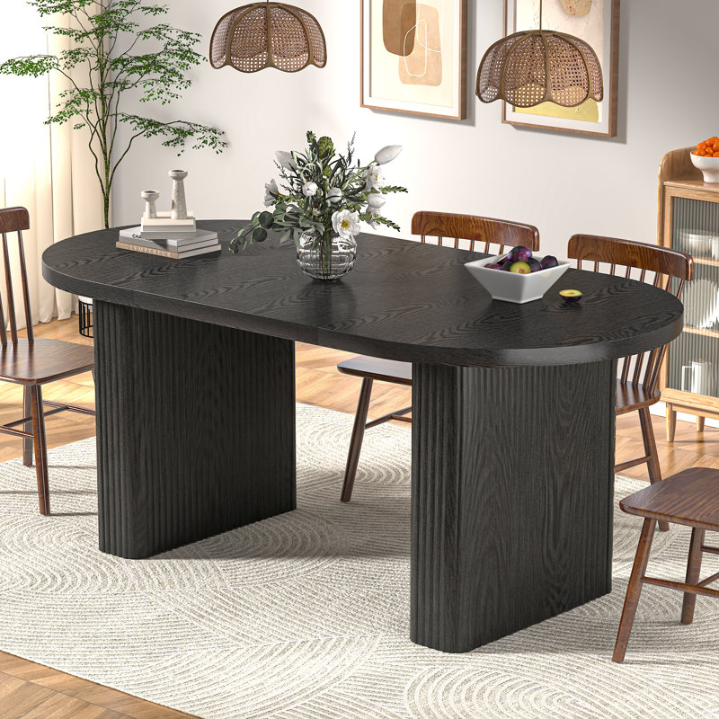 70.8 In Dining Table For 4-6, Modern Kitchen Table With Waterproof Wood Tabletop, Natural Rectangular Farmhouse Long Dining Room Tables With Foot Pads & Wood Strip Base For Kitchen Living Room