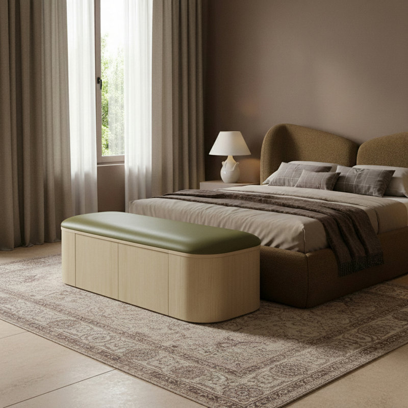 Banc de rangement en cuir Velden, Olive, Naturel