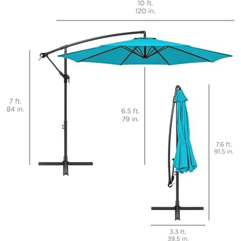 Parasol de marché suspendu 10 pi avec ajustement facile de l'inclinaison, abat-jour en polyester, 8 nervures pour la cour, la piscine, la pelouse et le jardin