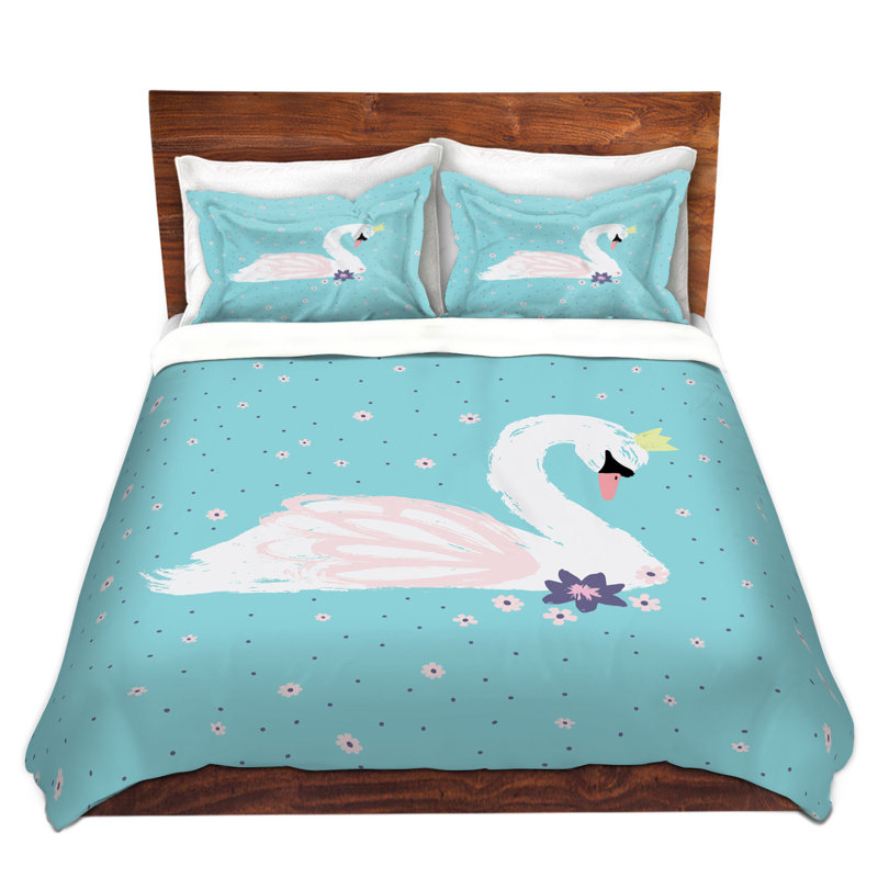 Ensemble de housse de couette swan, 1 housse + 2 taies très grand lit, Bleu sarcelle / blanc