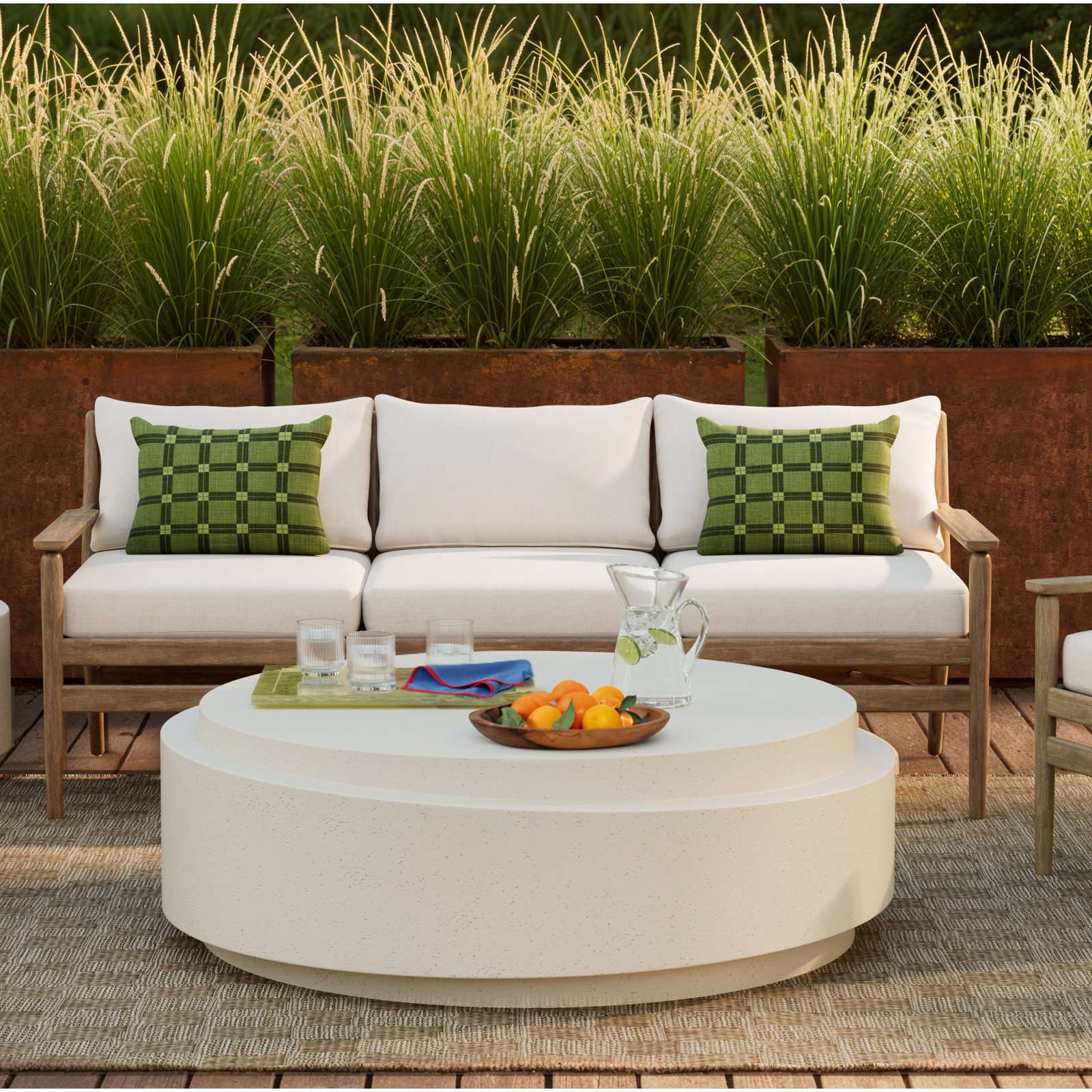 Baltzer 73" Eucalyptus Patio Sofa, Natural Eucalyptus, Lakin Oat