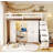Full Size Loft Bed with Storage Staircase,Built-In Dressing Table with Mirror and Drawer, Wardrobe & Cabinets, USB Charging Ports and Lights, White+Brown-2067999805