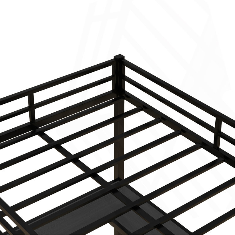 Lit mezzanine double en métal avec bureau, tablettes et conception en forme de L pour une configuration de chambre fonctionnelle et peu encombrante.