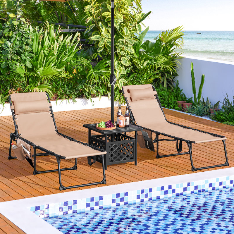 Adjustable Outdoor Folding Tanning Chair Portable Beach Lounger with 5 Back Position, Beige