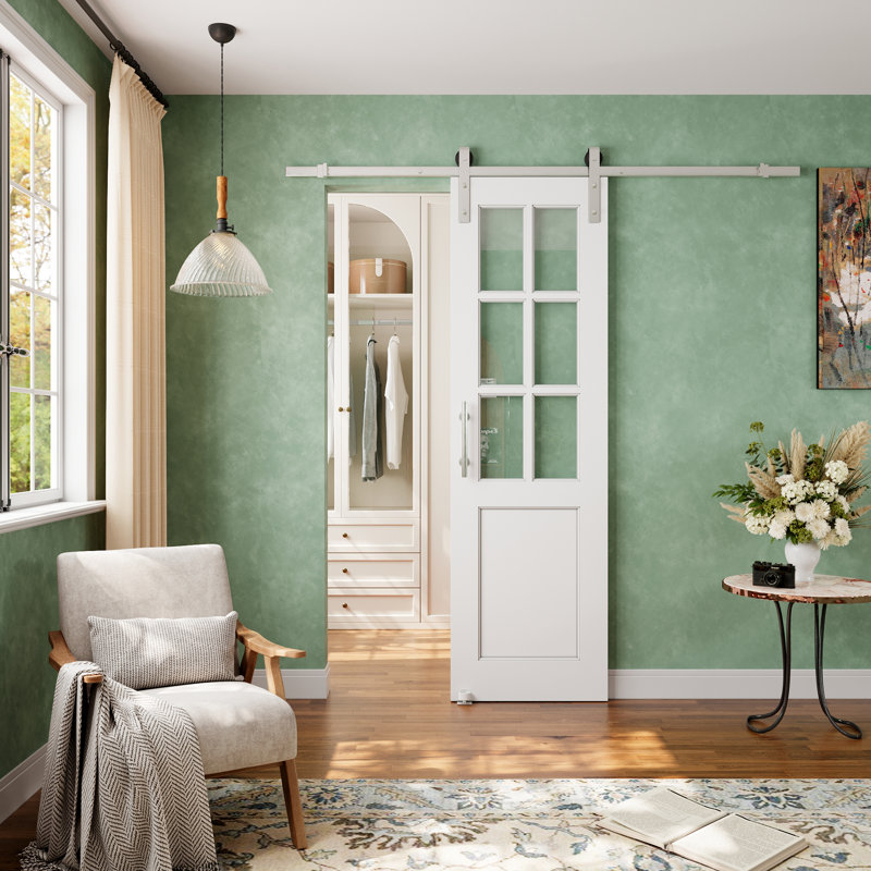 Porte de grange coulissante en verre transparent avec apprêt blanc moderne 6-Lite avec trousse de quincaillerie d'installation nickelée (aucun assemblage requis)