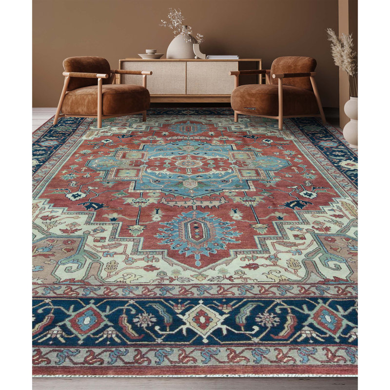 Hand-Knotted High-Quality Rust and Blue Area Rug