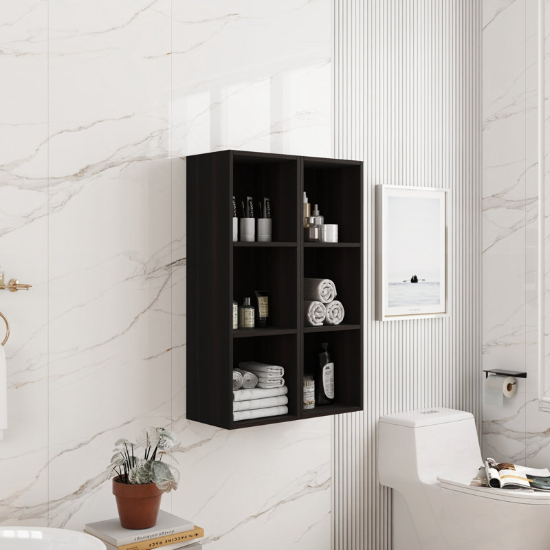 Armoire de rangement murale avec tablettes ouvertes, Chêne foncé