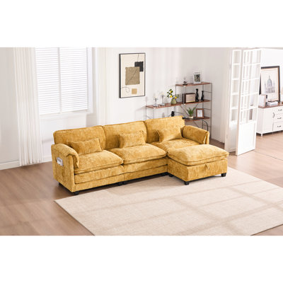 Stylish Sectional Sleeper With Double - Side Pocket, High Resilience Springs And Charging Ports For Conference Room 4 Seat Soft Chenille Upholstery, Layer Seats Home Decor