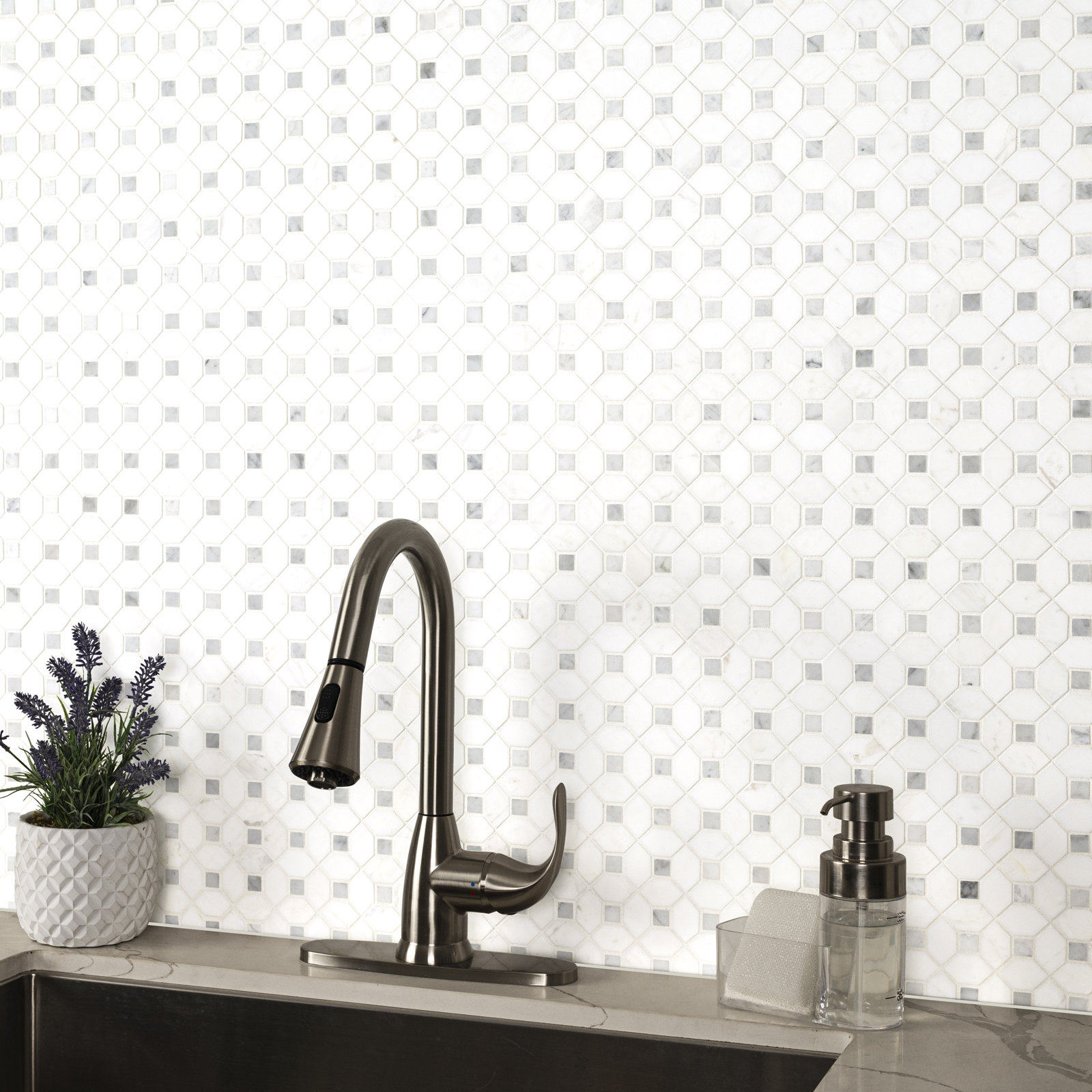 Geometric 13" x 13" Marble Mosaic Tile, Calabria Frost Gray