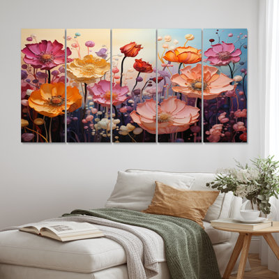 Fleurs éternelles mauves, fleurs jaunes et éternelles - impression sur toile florale - 5 panneaux égaux