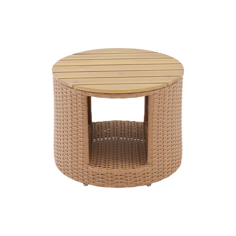 Patio Round Wicker End Table With Solid Acacia Slatted Top