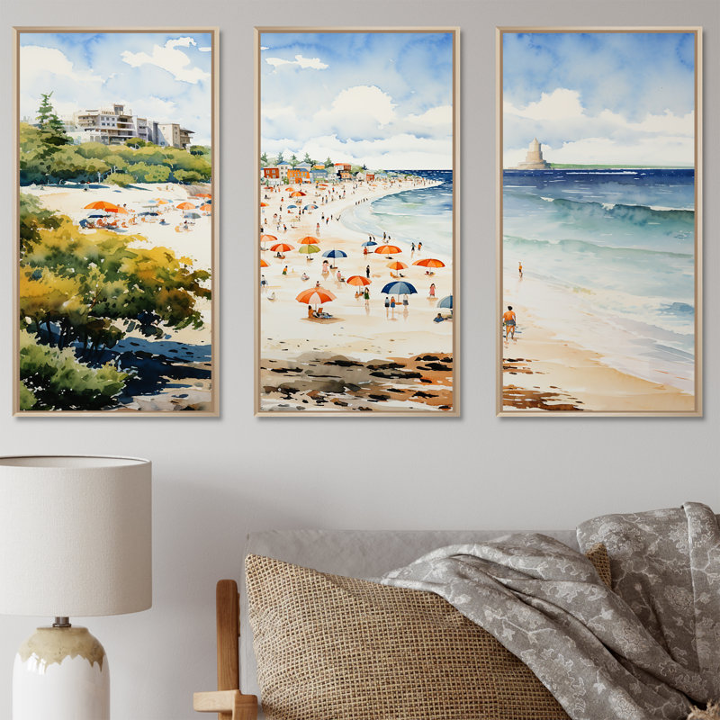 «Vintage Beach Day Tranquility I - Coastal Beach Sand», art mural, Cadre flottant brun, H 28 po x l 36 po x P 1 po