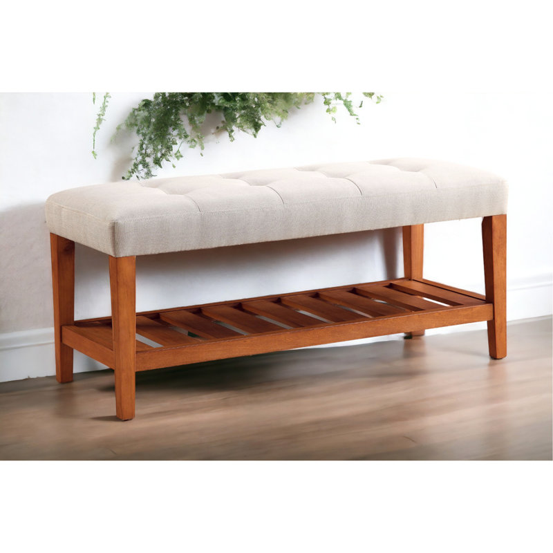 Banc en tissu et finition chêne Charla, Gris clair