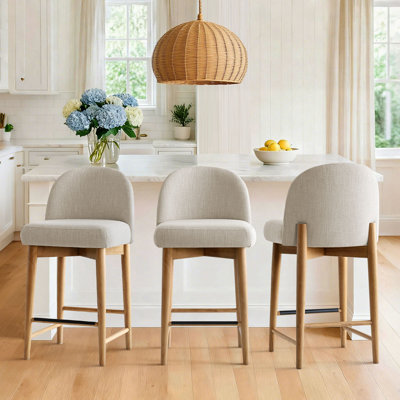 Tabourets de comptoir rembourrés en mélange de lin avec pieds en bois massif