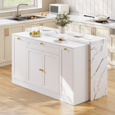 63" Wide Kitchen Island With Power Outlet Trash Can Cabinet, Split-Level Top Kitchen Cabinet With Pull-Out Spice Rack