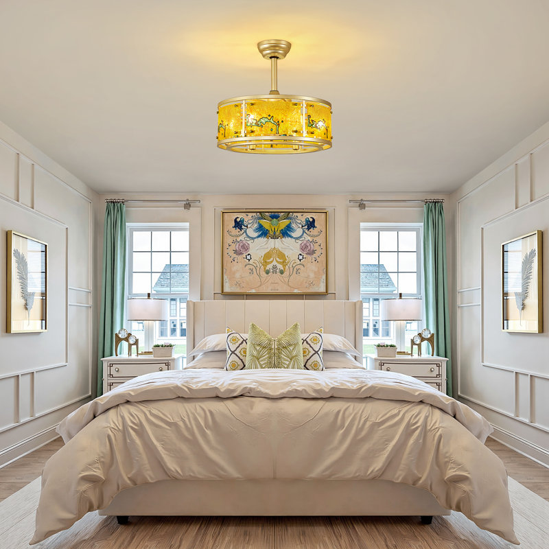 Ventilateur de plafond en cage 20 po Tiffany Mid-Century avec lumière et télécommande, abat-jour en acrylique teinté pour la chambre à coucher