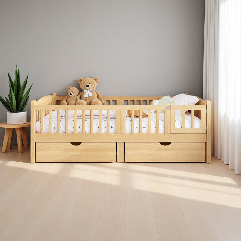 Lit plateforme avec garde-corps pleine longueur, Naturel, Lit simple