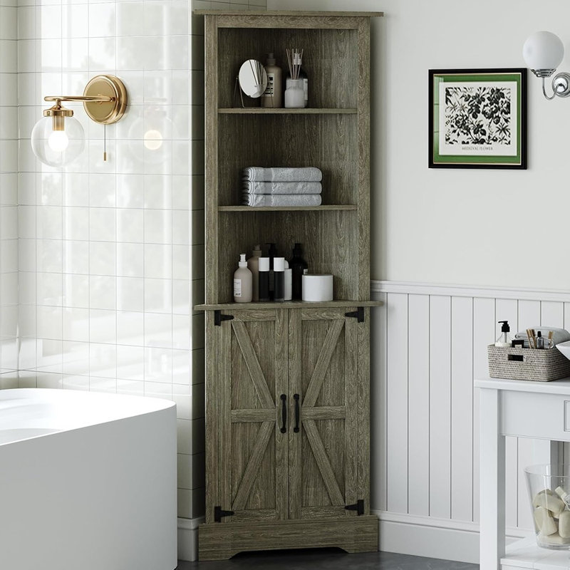Grande armoire d'angle blanche avec porte de grange, 5 tablettes réglables à 5 niveaux, rangement peu encombrant pour le salon, le couloir ou la salle de bain