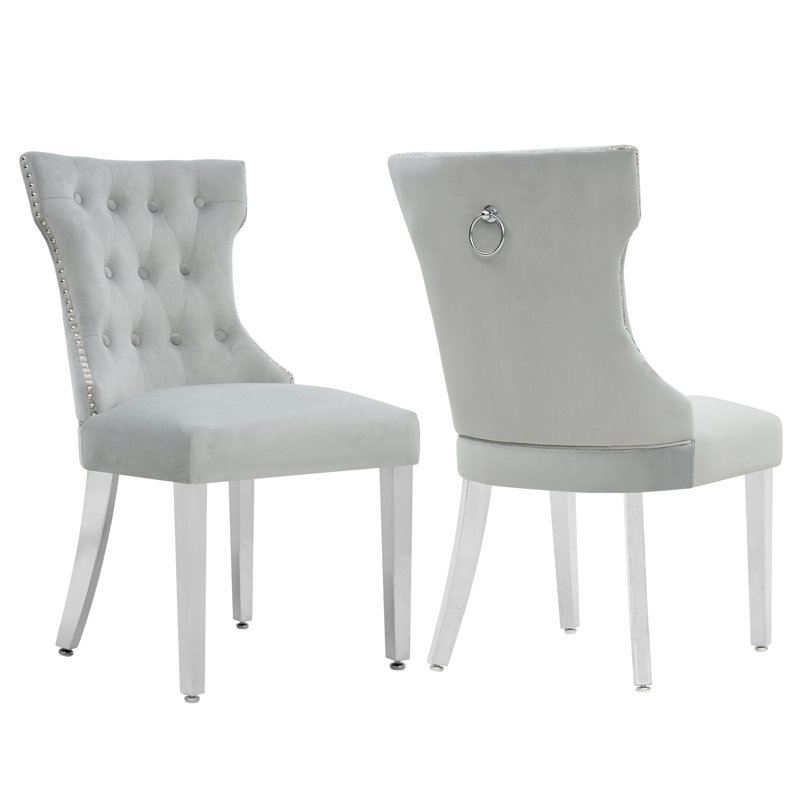 Velvet Nailhead Trim Upholstered Tufted Wingback Dining Chairs (Set Of 2), Gray