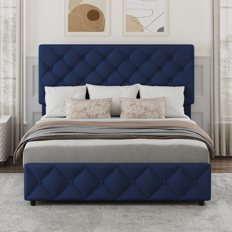 Full  Size Bed Frame with 4 Storage Drawers and Headboard, Linen Upholstered Full Platform Bed Frame, Diamond Stitched Button Tufted, Easy Assemble, Noise-Free & No Box Spring Needed
