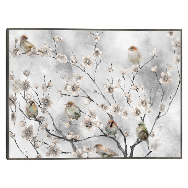 «Cherry Blossom Birds» par Studio Arts, reproduction d'art sur toile, Cadre couleur acier, H 43 po x l 57 po
